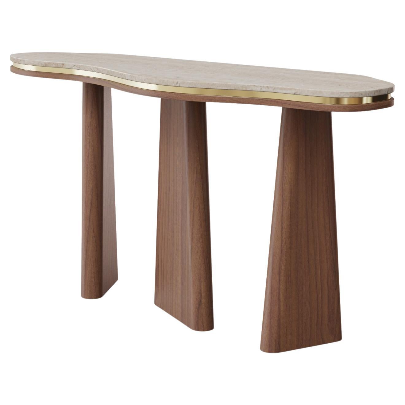 Noria Console - Travertine Top with Walnut Matte Frame 
Polished Brass Accents For Sale