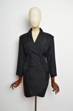 Noriko Kazuki Black 1980s Japanese Designer Pleated Jacket & Skirt Suit set