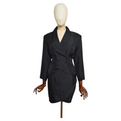 Noriko Kazuki Black 1980s Japanese Designer Pleated Jacket & Skirt Suit set