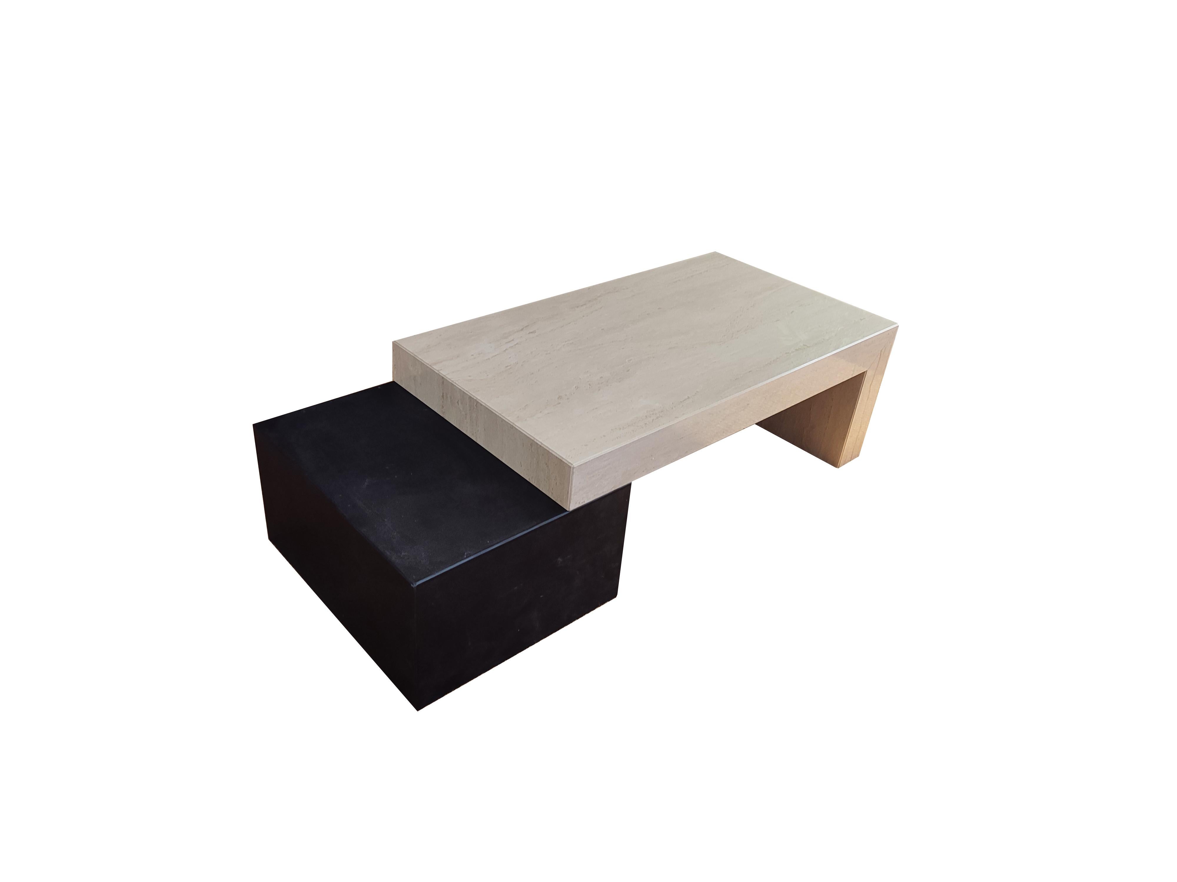 Modern Norita Travertine Marble & Black Slate Coffee Table Contemporary Design Spain For Sale