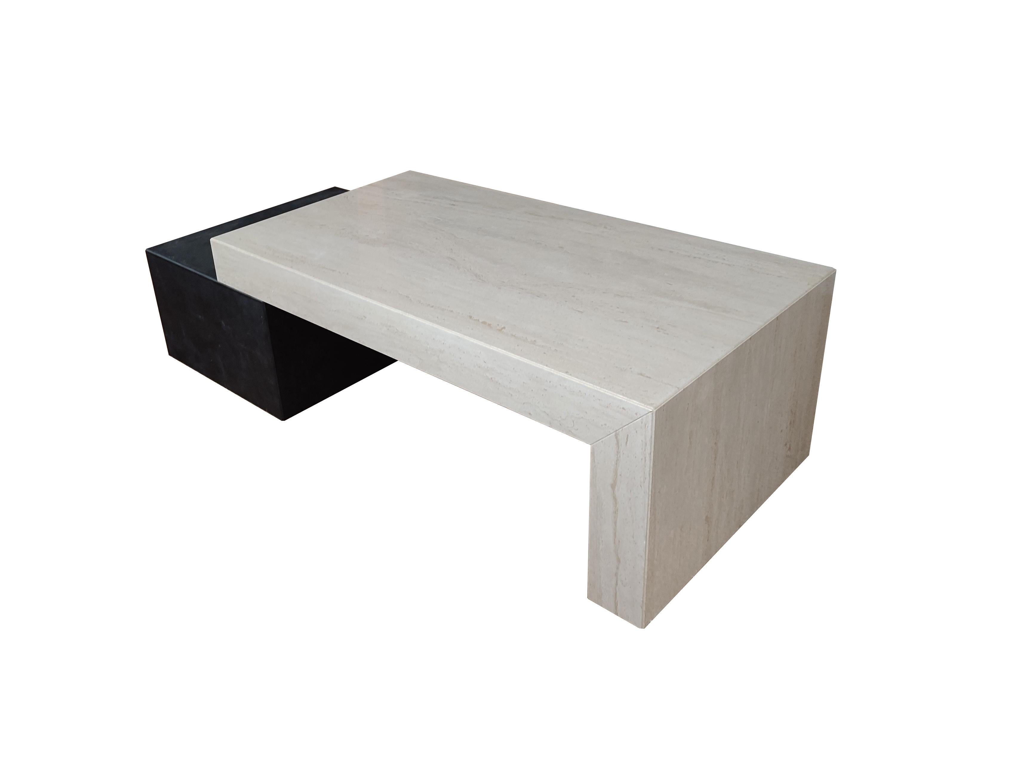 Hand-Crafted Norita Travertine Marble & Black Slate Coffee Table Contemporary Design Spain For Sale
