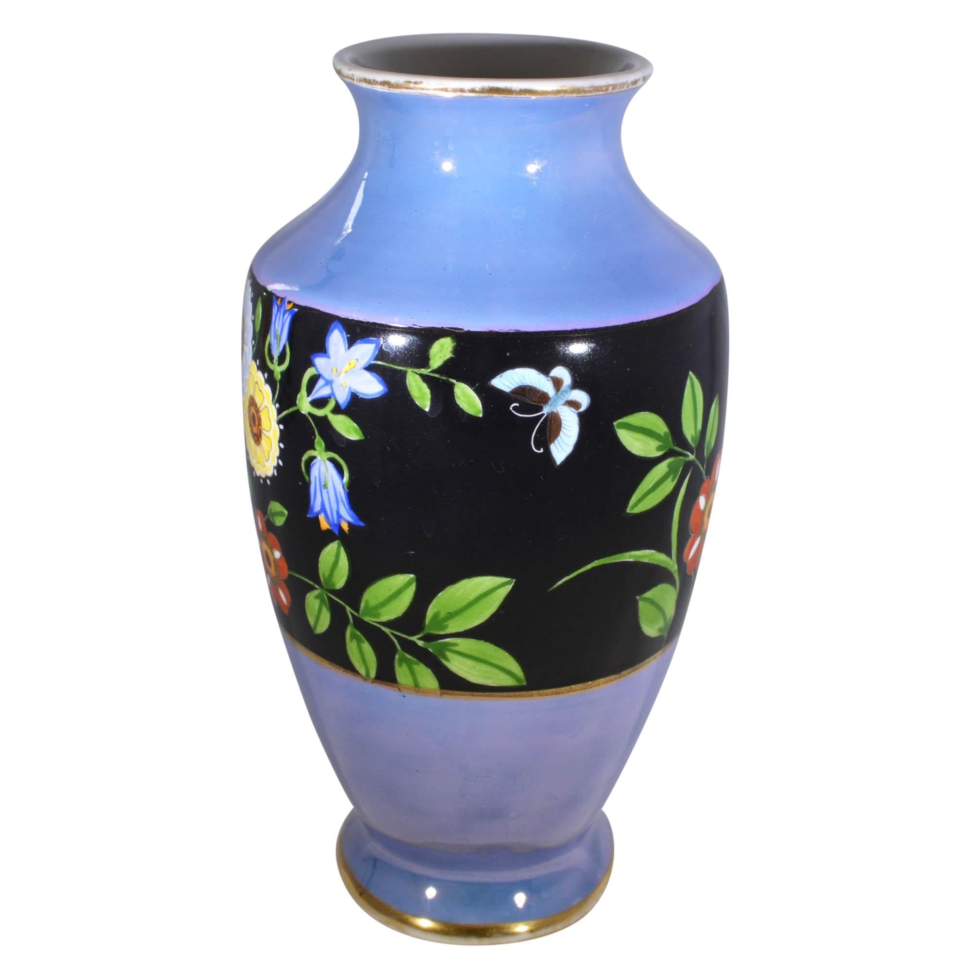 Mid-Century Modern Noritake Hand Painted Vase with Floral and Butterfly Design