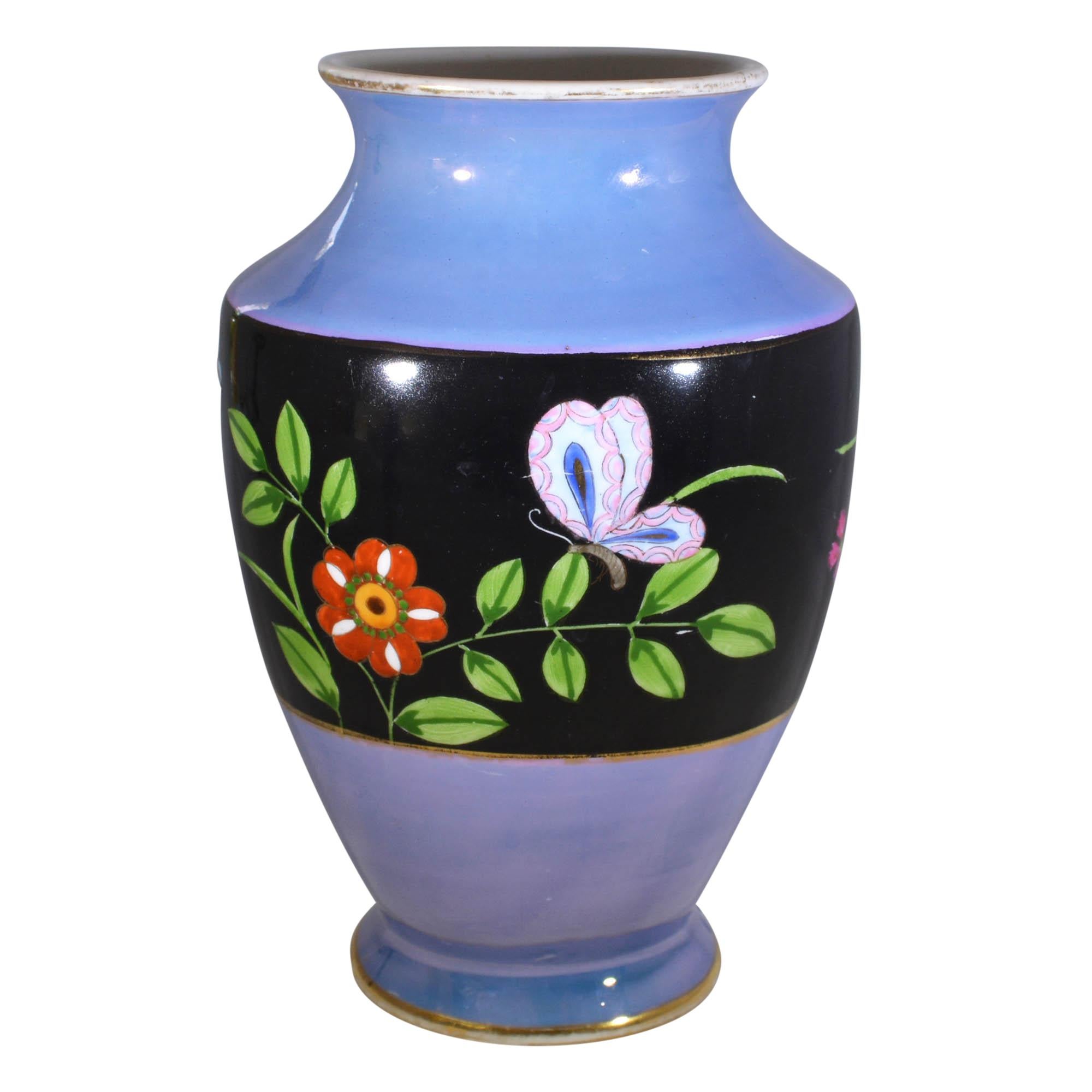 Japanese Noritake Hand Painted Vase with Floral and Butterfly Design