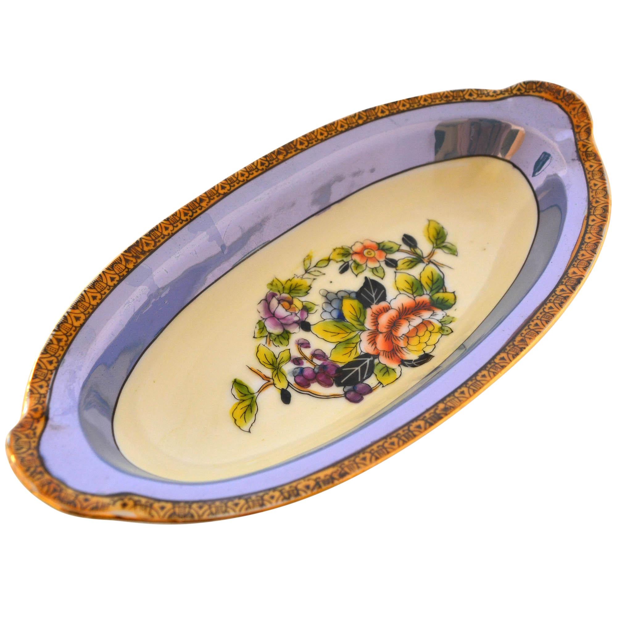Mid-Century Modern Noritake Oblong Hand Painted Bowl with Floral Center Design