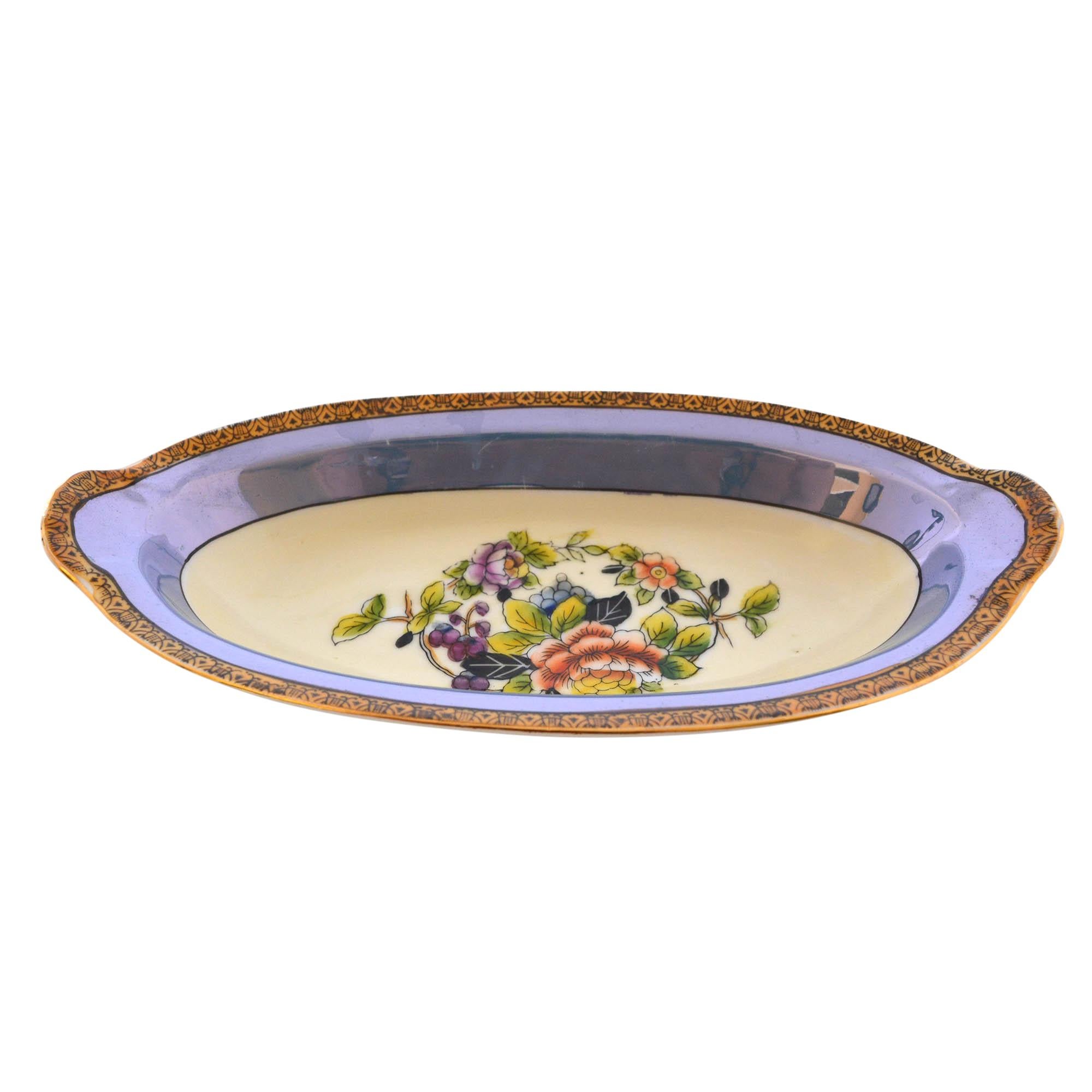 Japanese Noritake Oblong Hand Painted Bowl with Floral Center Design