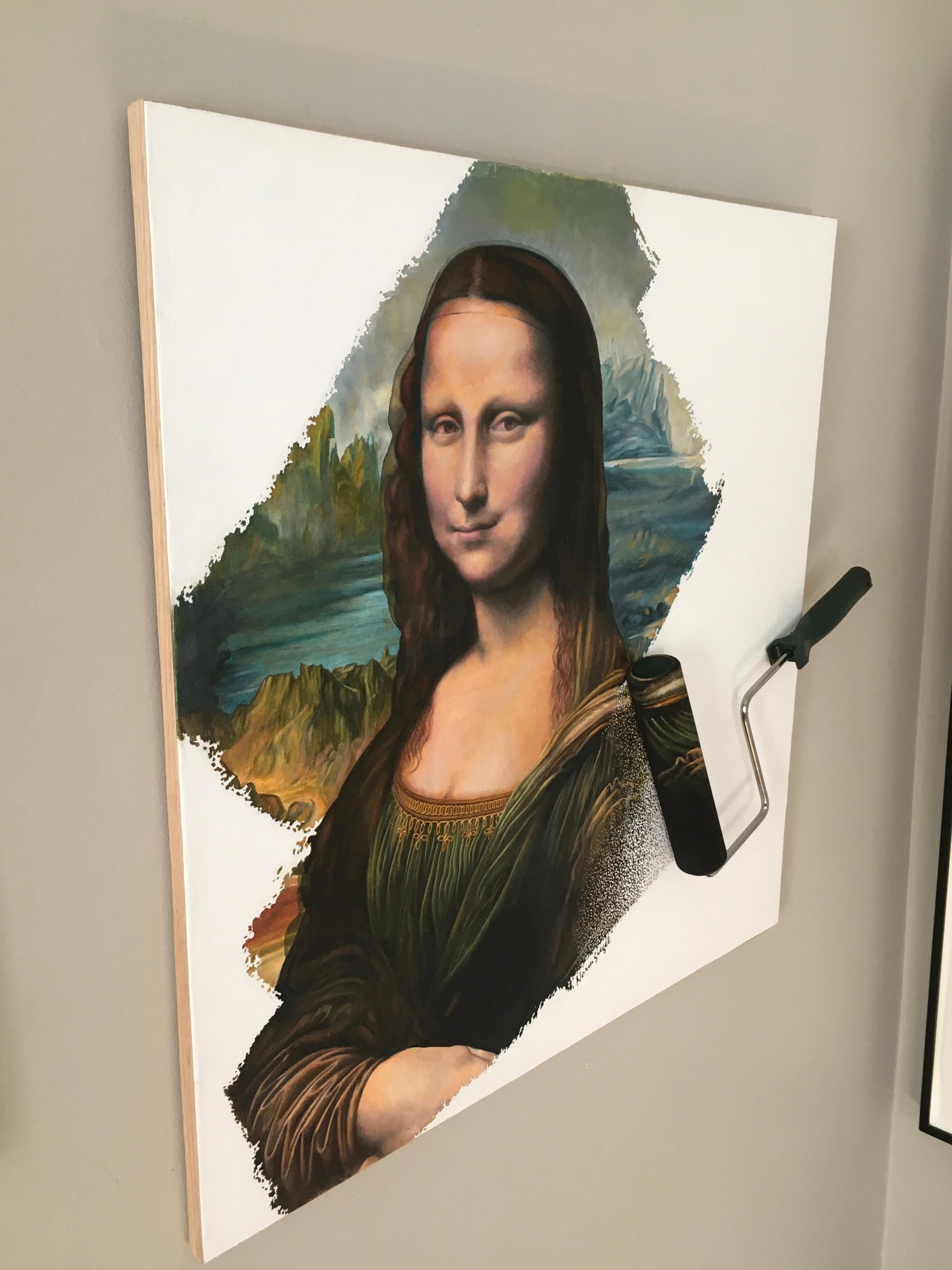 Mona Rolla, is a photorealistic version of the Mona Lisa created by Leonardo da Vinci.  This version by Norm Siegel contains portions of the original painting and a paint roller.  It is oil on canvas.  It is 30x34.  The Mona Lisa is considered an