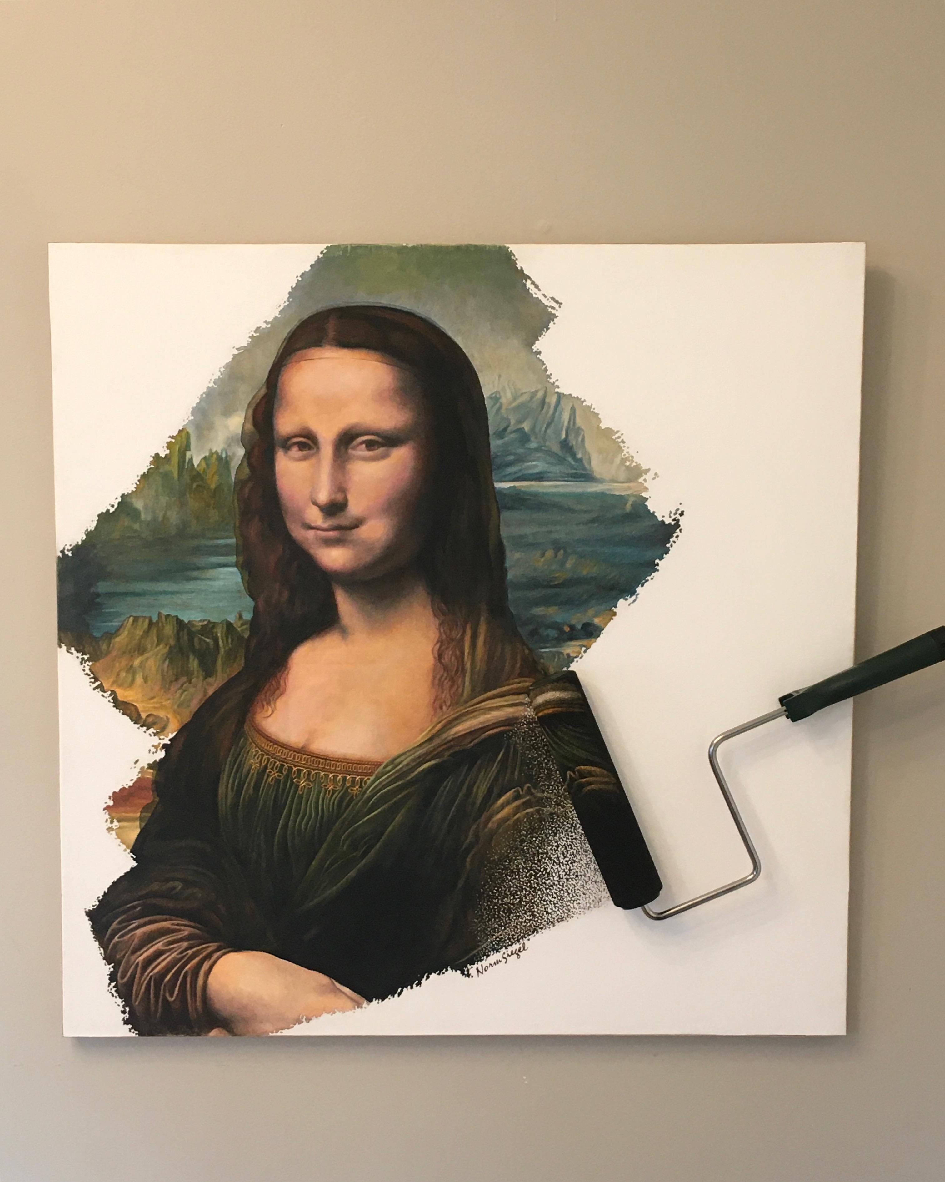 Mona Rolla, ist eine fotorealistische Version der Mona Lisa von Leonardo da Vinci.  Diese Version von Norm Siegel enthält Teile des Originalgemäldes und einen Farbroller.  Es ist Öl auf Leinwand.  Es ist 30x34.  Die Mona Lisa gilt als ein