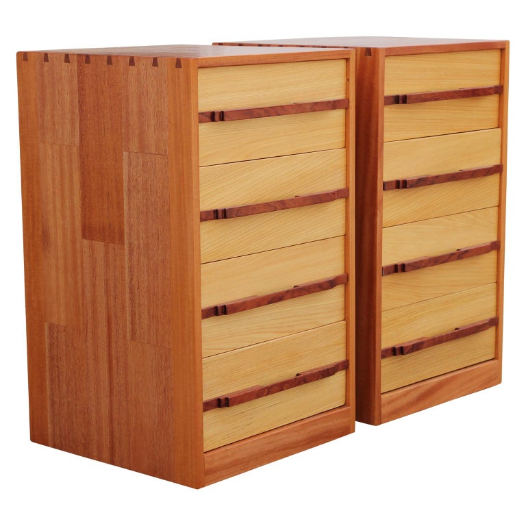 Norm Stoeker Pair of Custom Two Toned Modern Four Drawer Chests/ Nightstands. Made in Houston Texas with a high level of detail and quality. Inspired by early Danish Designs.