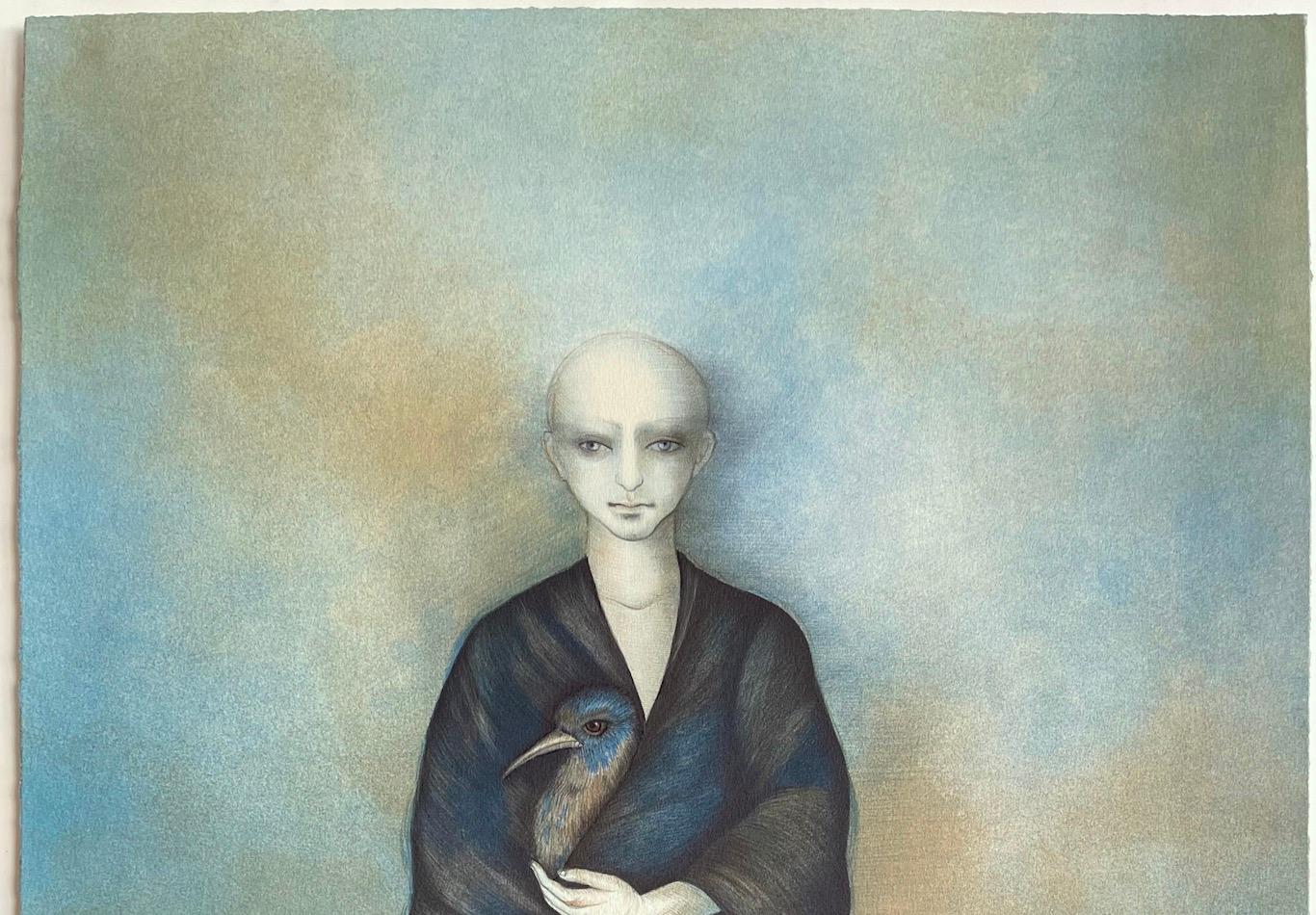 SELVAGGIA Litografia firmata, Figura vestita, Uccello, Surrealismo, America Latina in vendita 1