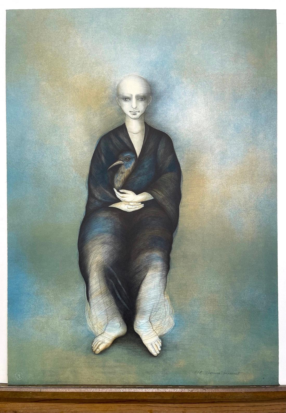 SELVAGGIA Litografia firmata, Figura vestita, Uccello, Surrealismo, America Latina in vendita 3