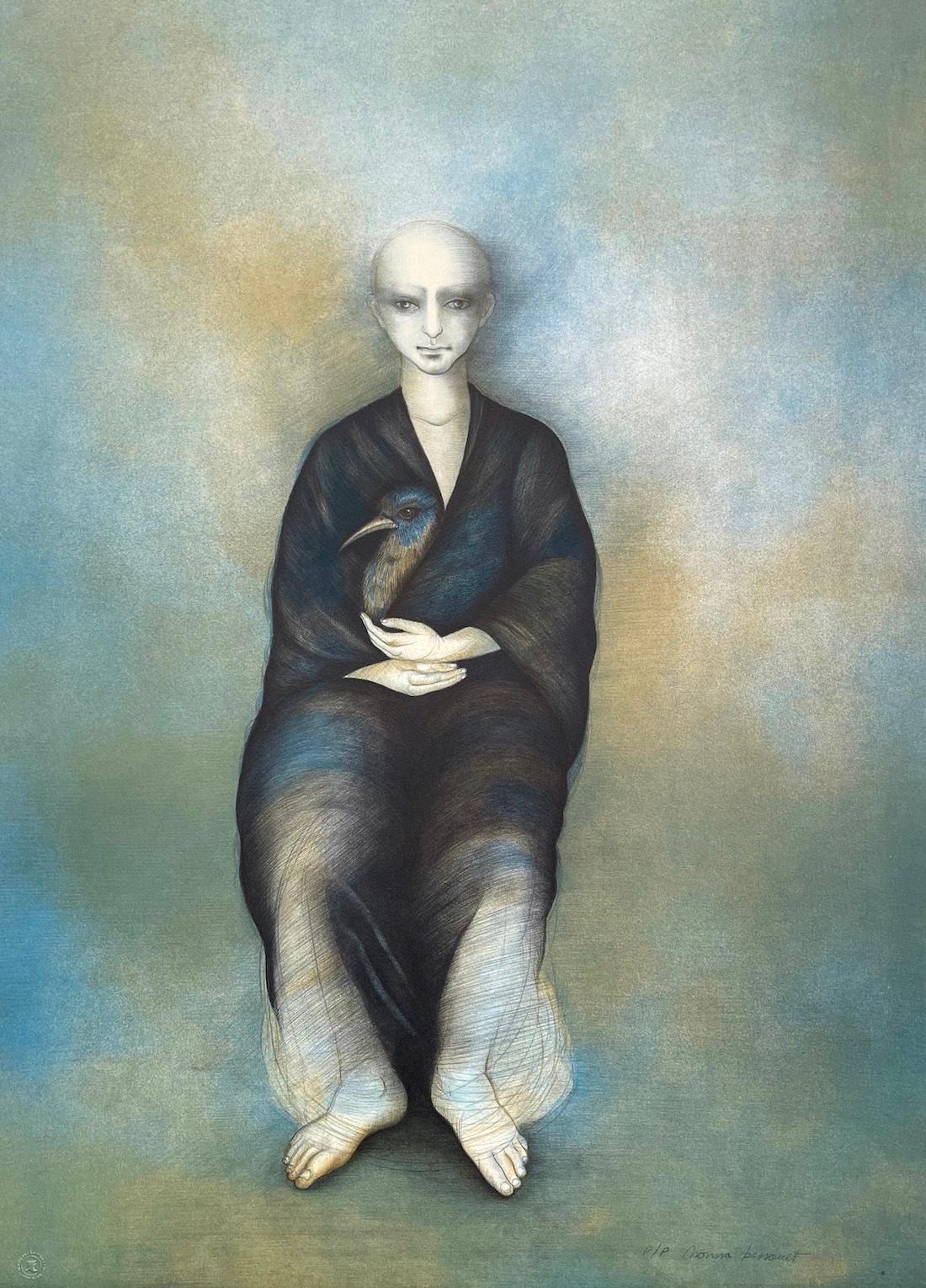 SELVAGGIA Litografia firmata, Figura vestita, Uccello, Surrealismo, America Latina