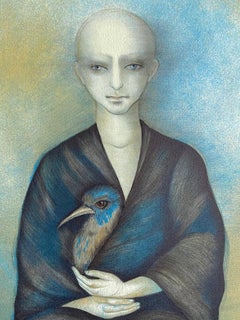 SELVAGGIA, signierte Lithographie, sitzende Person mit Vogel, lateinamerikanische Künstlerin