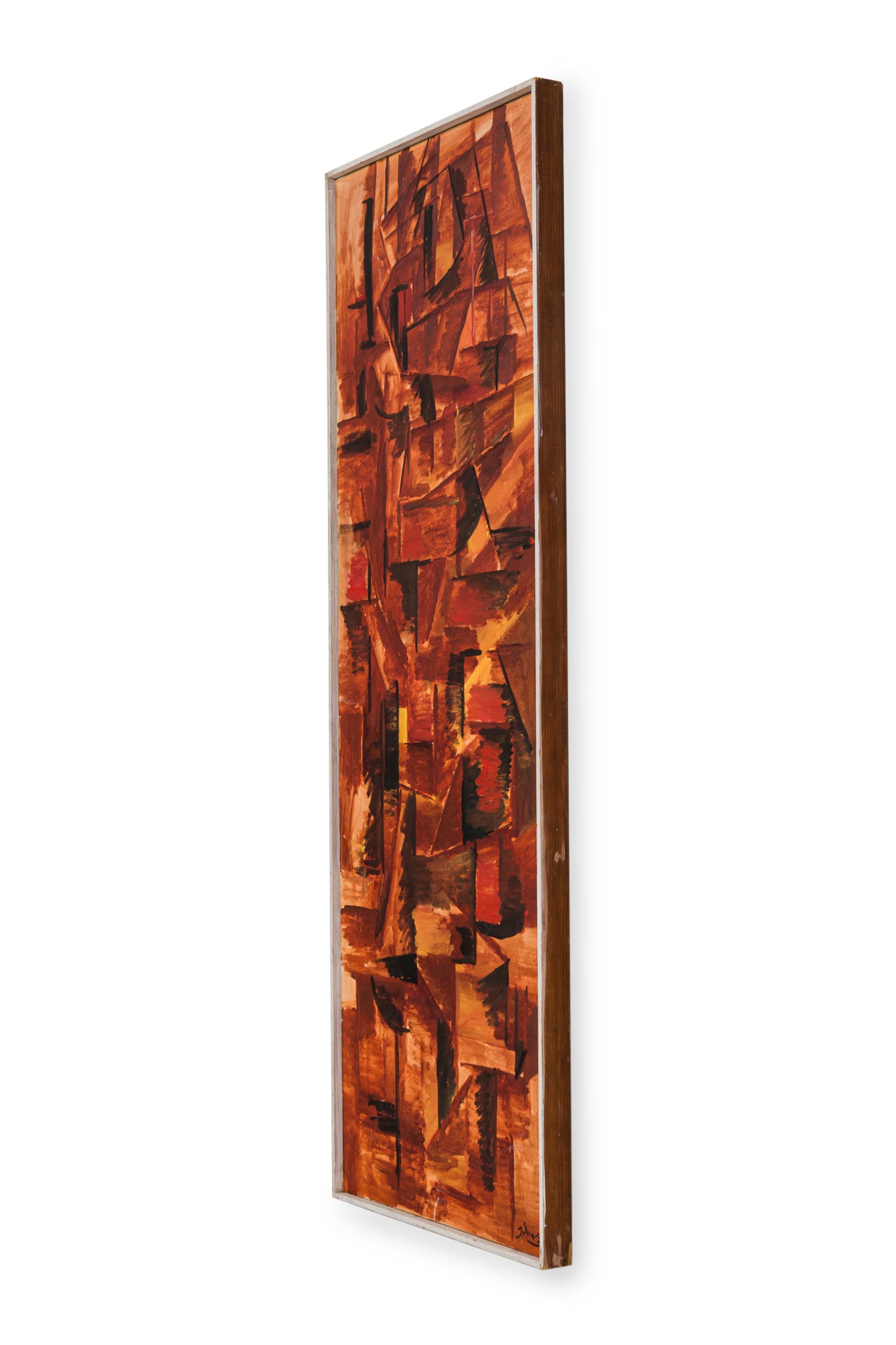 Amerikanisches zeitgenössisches abstraktes Öl auf Leinwand mit geometrischen Abstraktionen in braunen, schwarzen und beigen Formen in einem vertikalen Silberrahmen (signiert unten rechts: NORMA DRISCOLL GILMORE)