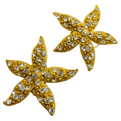 NORMA JEAN signed gold rhineston stars massive designer runway clip on earrings