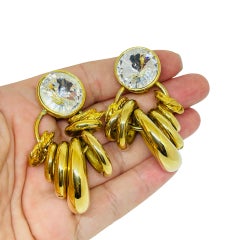 NORMA JEAN signed vintage gold tone crystal dangle designer clip on earrings