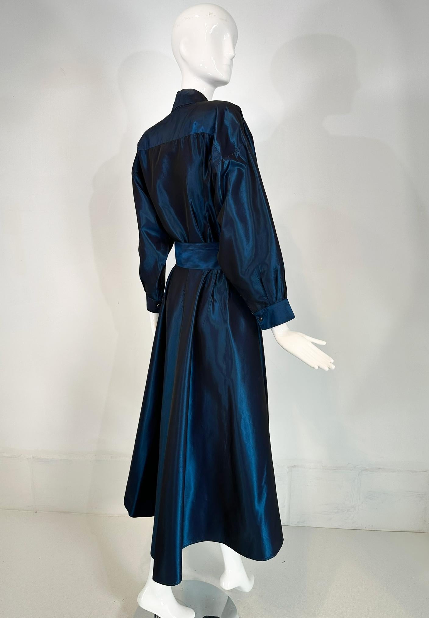 Norma Kamail Teal Blue Taffeta Big Shoulder Shirtwaist Snap Front Dress 8 1980s en vente 5