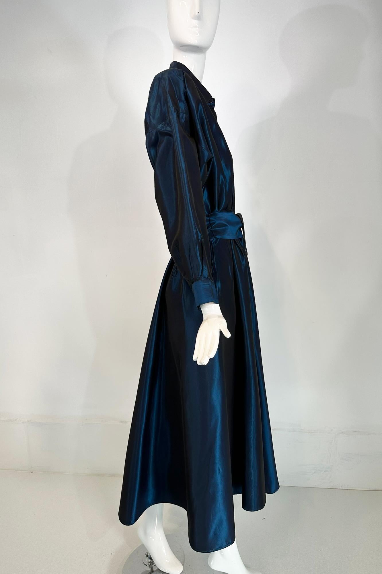 Norma Kamail Teal Blue Taffeta Big Shoulder Shirtwaist Snap Front Dress 8 1980s en vente 6