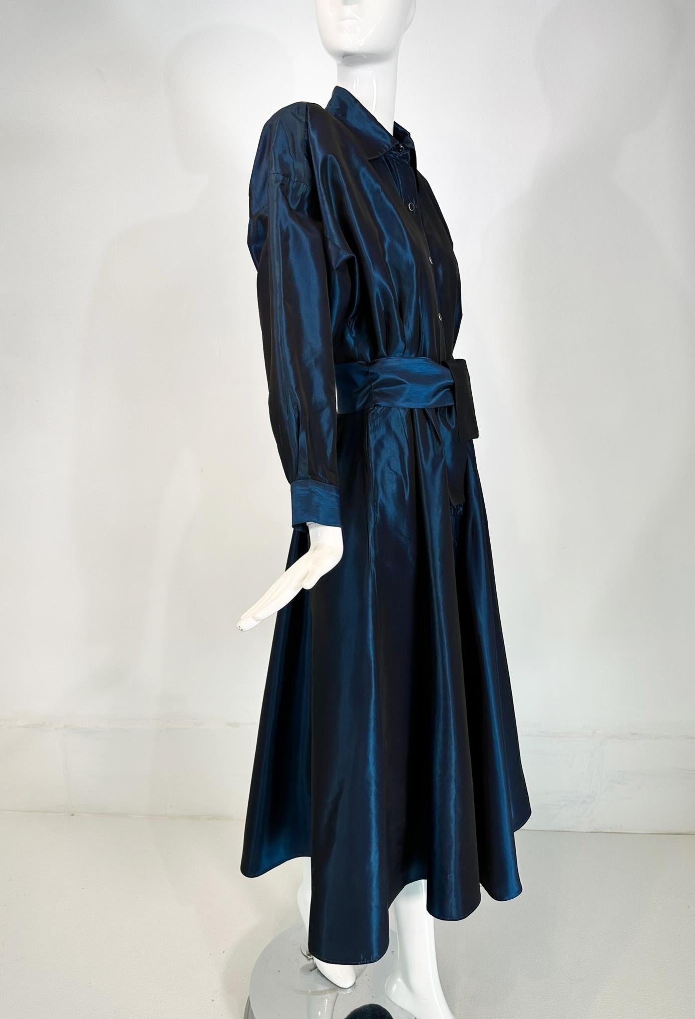 Norma Kamail Teal Blue Taffeta Big Shoulder Shirtwaist Snap Front Dress 8 1980s en vente 7