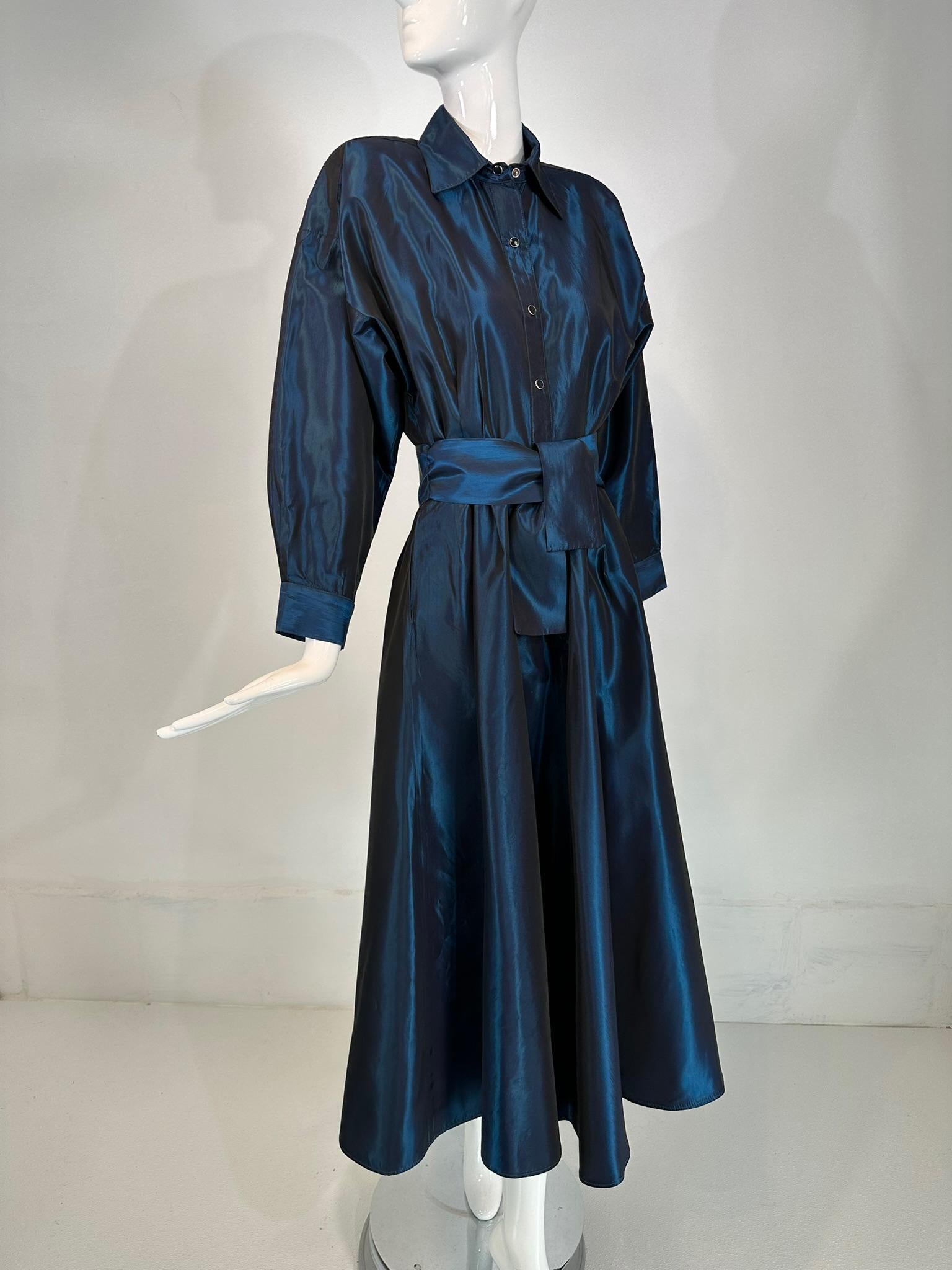 Norma Kamail Teal Blue Taffeta Big Shoulder Shirtwaist Snap Front Dress 8 1980s en vente 8