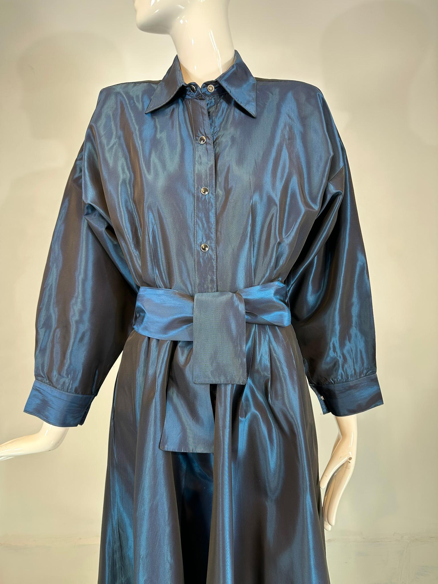 Norma Kamail Teal Blue Taffeta Big Shoulder Shirtwaist Snap Front Dress 8 1980s en vente 10