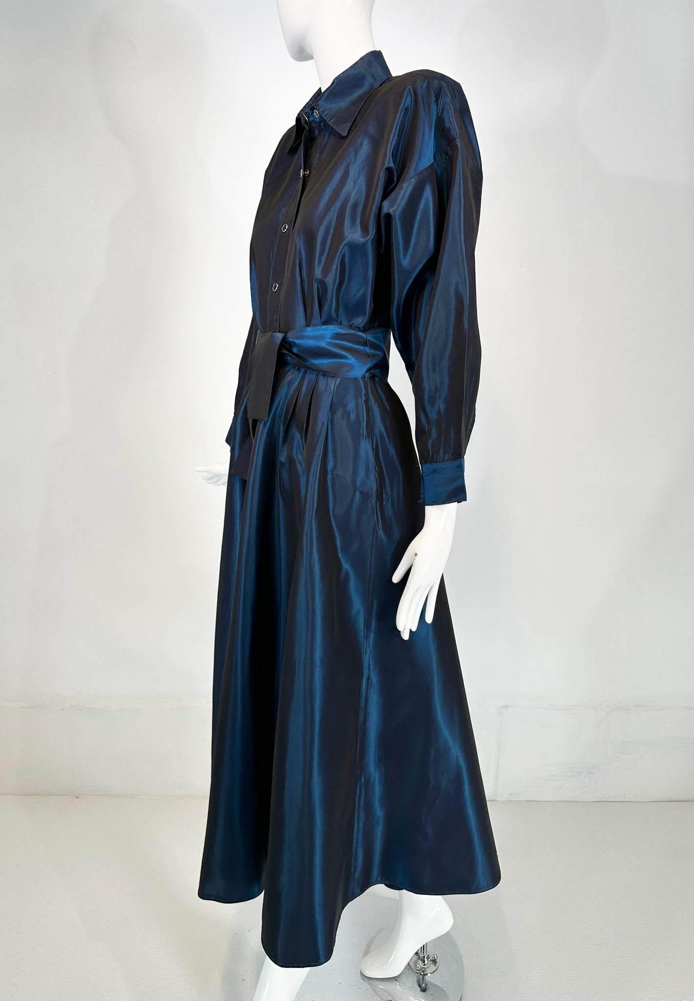 Bleu Norma Kamail Teal Blue Taffeta Big Shoulder Shirtwaist Snap Front Dress 8 1980s en vente