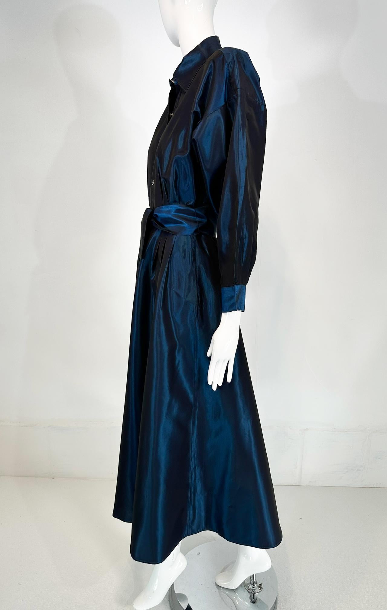 Norma Kamail Teal Blue Taffeta Big Shoulder Shirtwaist Snap Front Dress 8 1980s Bon état - En vente à West Palm Beach, FL