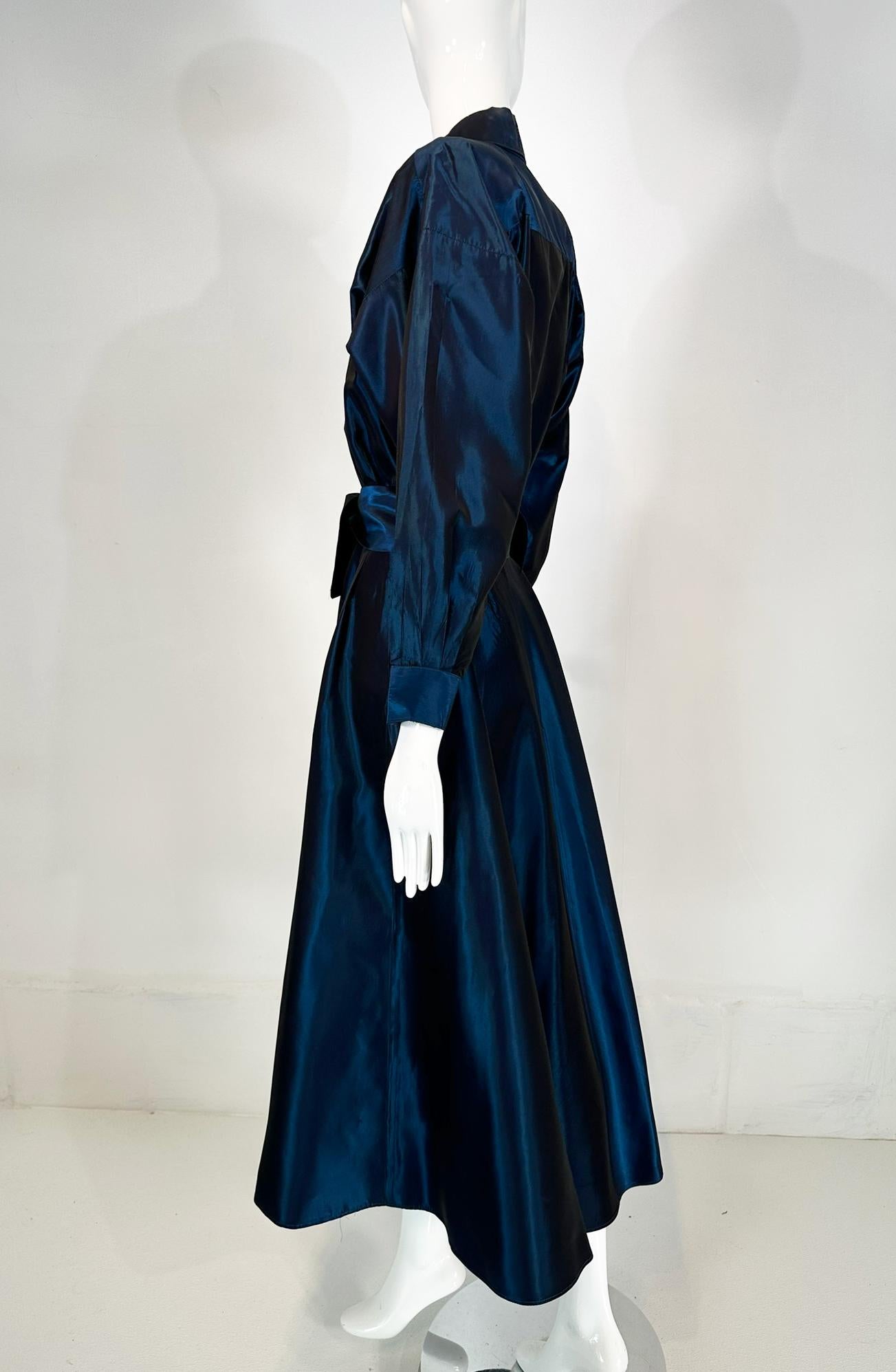 Norma Kamail Teal Blue Taffeta Big Shoulder Shirtwaist Snap Front Dress 8 1980s Pour femmes en vente
