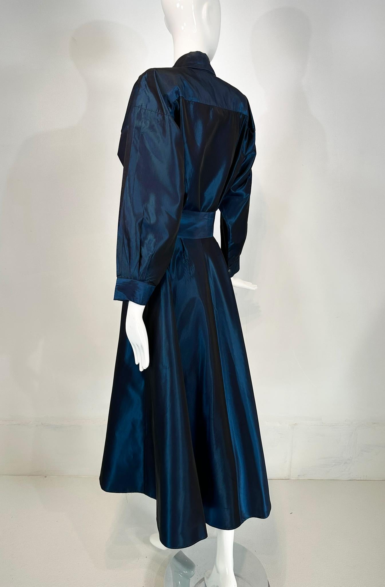 Norma Kamail Teal Blue Taffeta Big Shoulder Shirtwaist Snap Front Dress 8 1980s en vente 1