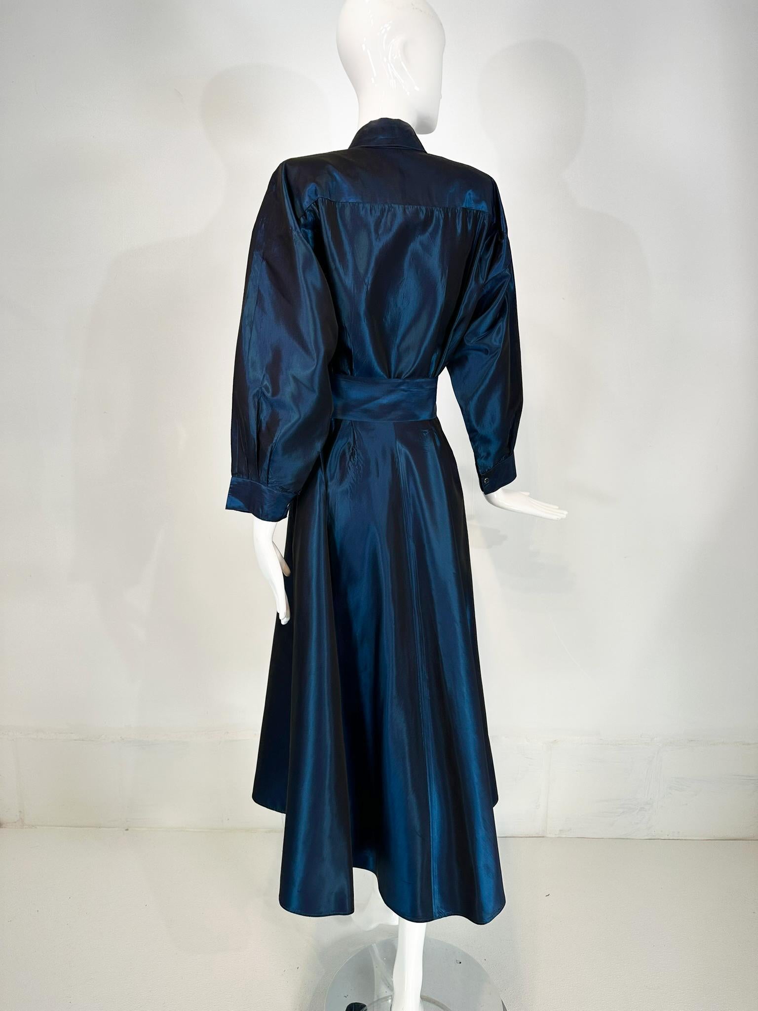 Norma Kamail Teal Blue Taffeta Big Shoulder Shirtwaist Snap Front Dress 8 1980s en vente 2