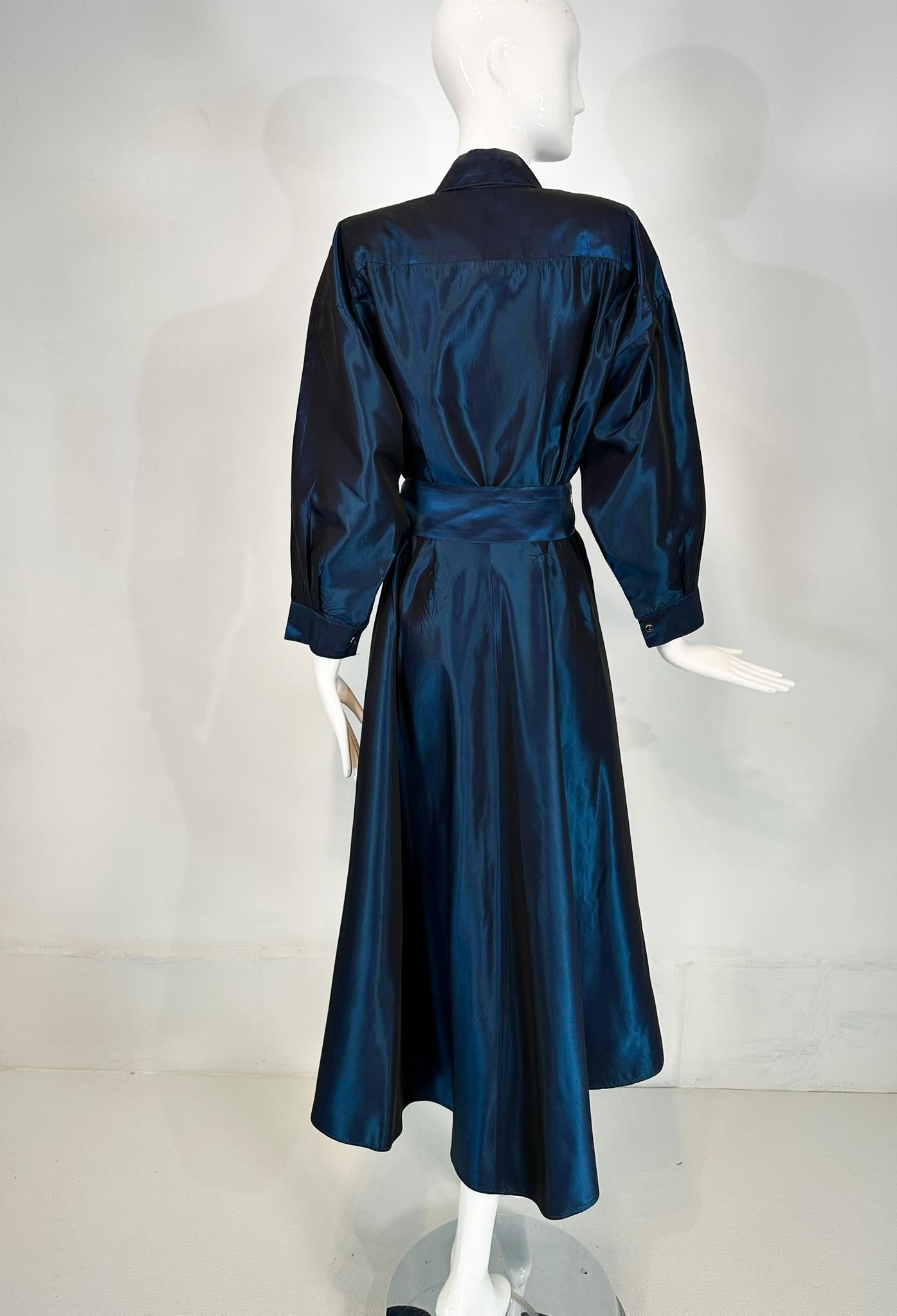 Norma Kamail Teal Blue Taffeta Big Shoulder Shirtwaist Snap Front Dress 8 1980s en vente 3