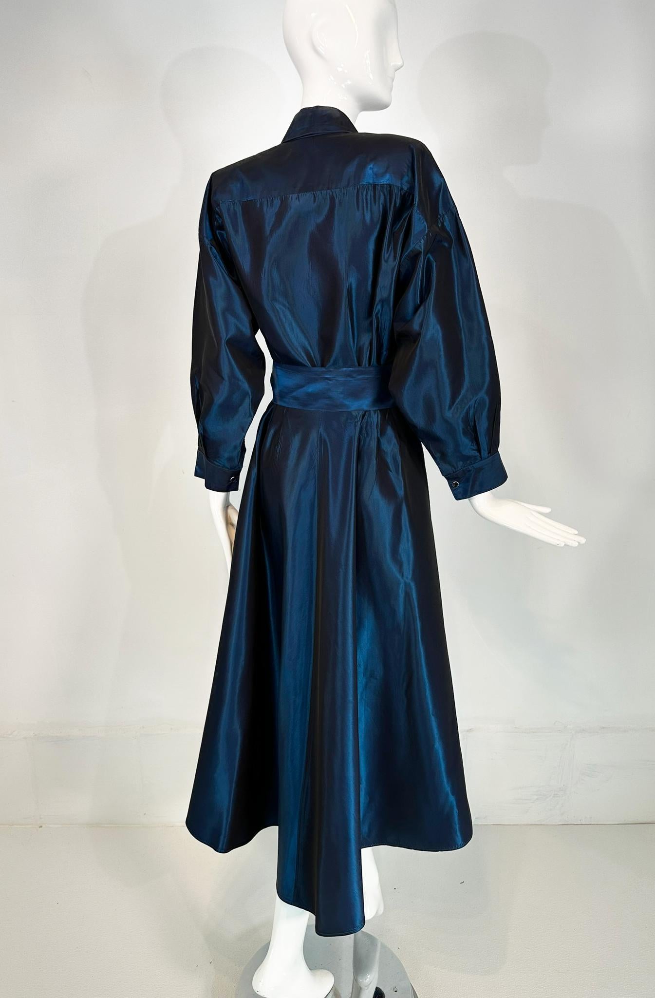 Norma Kamail Teal Blue Taffeta Big Shoulder Shirtwaist Snap Front Dress 8 1980s en vente 4