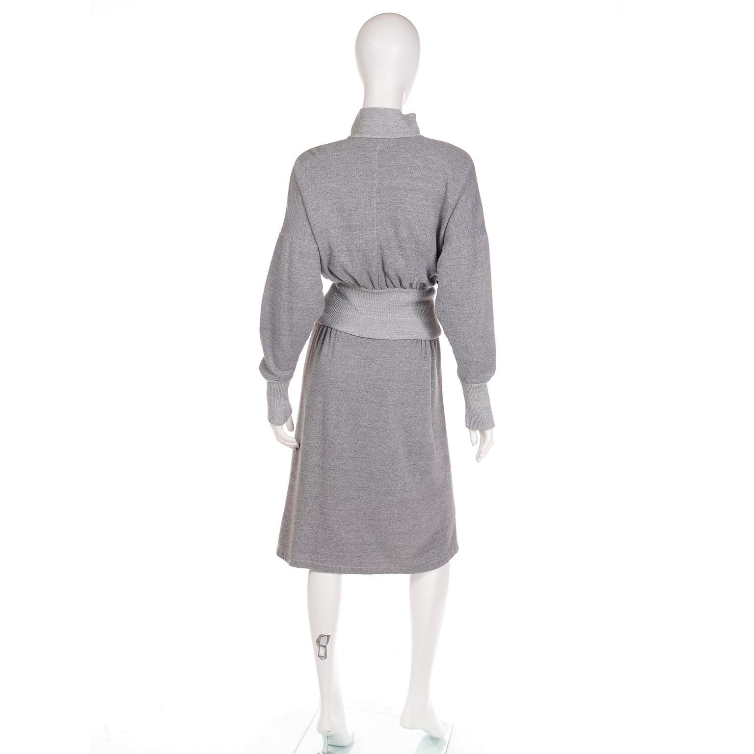 Women's Norma Kamali 1980 Sweats Grey Sweatshirt 2 pc Dress w Snap Front Top & Skirt For Sale