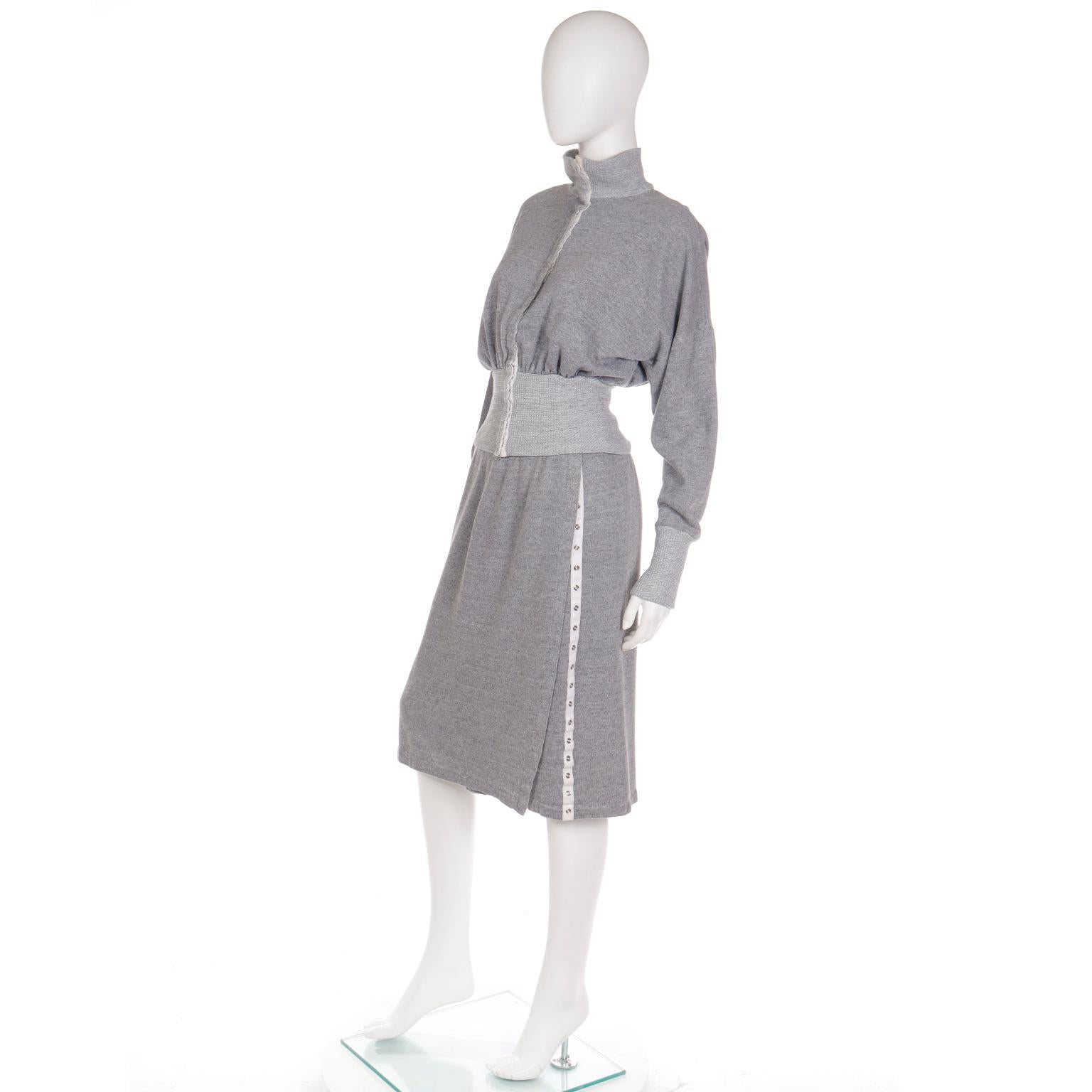 Norma Kamali 1980 Sweats Grey Sweatshirt 2 pc Dress w Snap Front Top & Skirt For Sale 1