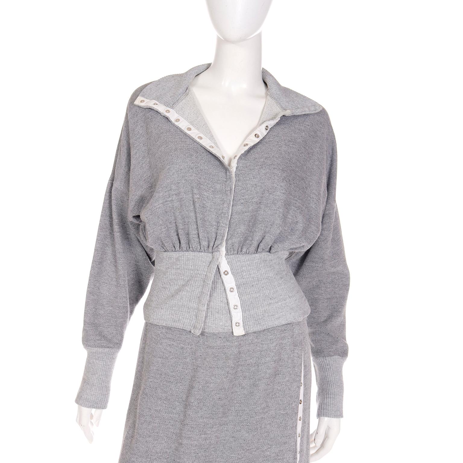 Norma Kamali 1980 Sweats Grey Sweatshirt 2 pc Dress w Snap Front Top & Skirt For Sale 2