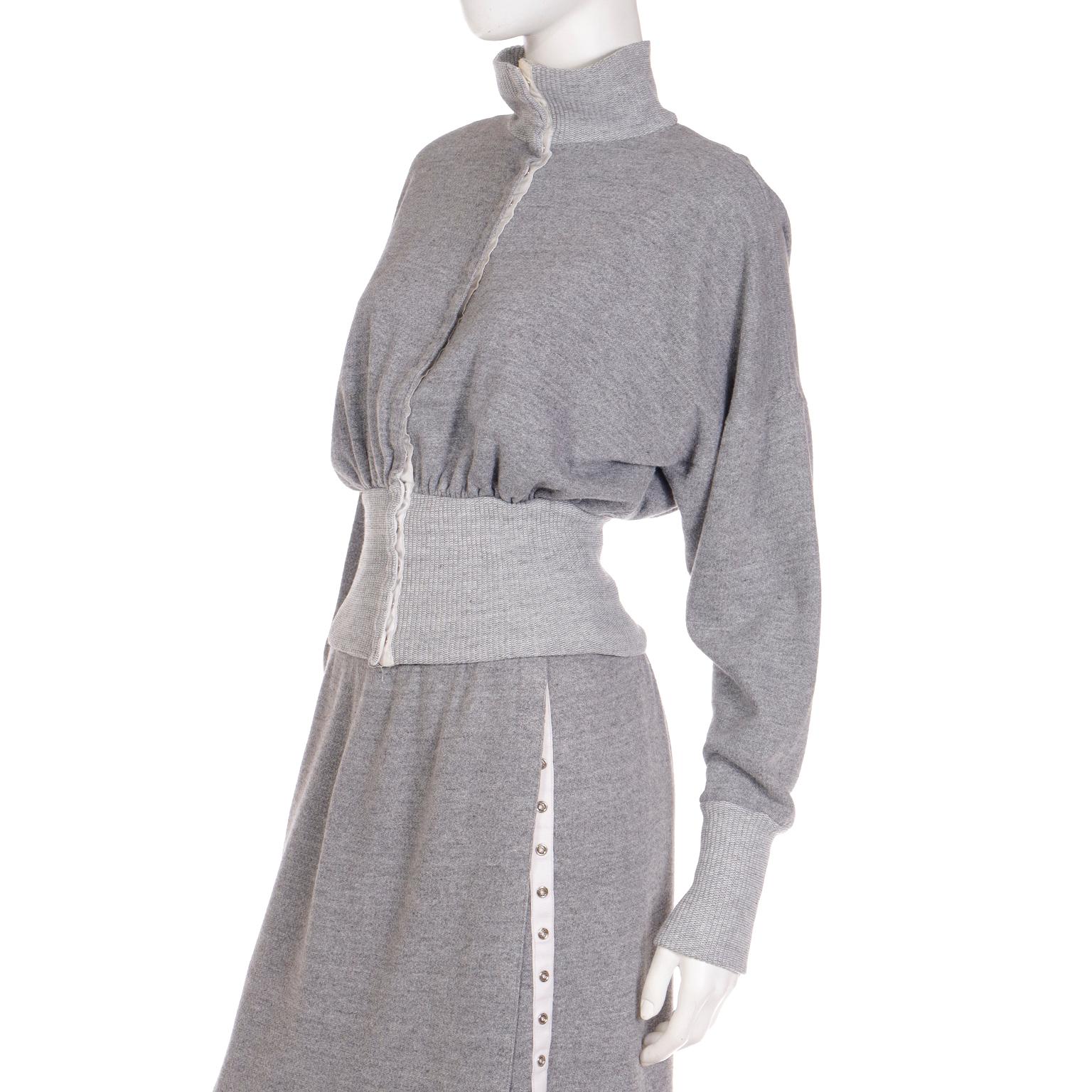 Norma Kamali 1980 Sweats Grey Sweatshirt 2 pc Dress w Snap Front Top & Skirt For Sale 3