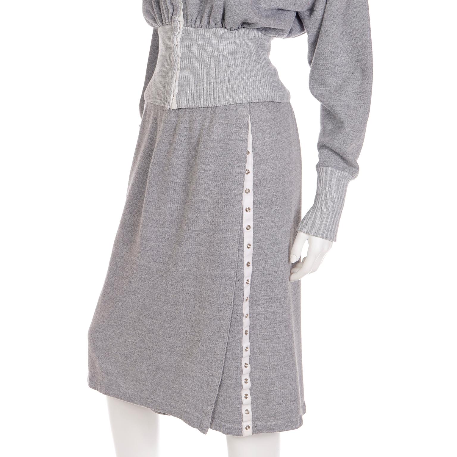 Norma Kamali 1980 Sweats Grey Sweatshirt 2 pc Dress w Snap Front Top & Skirt For Sale 3