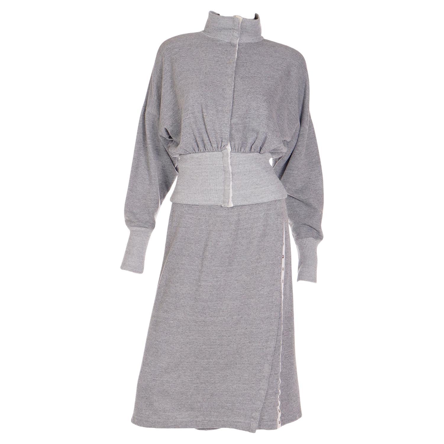Norma Kamali 1980 Sweats Grey Sweatshirt 2 pc Dress w Snap Front Top & Skirt For Sale