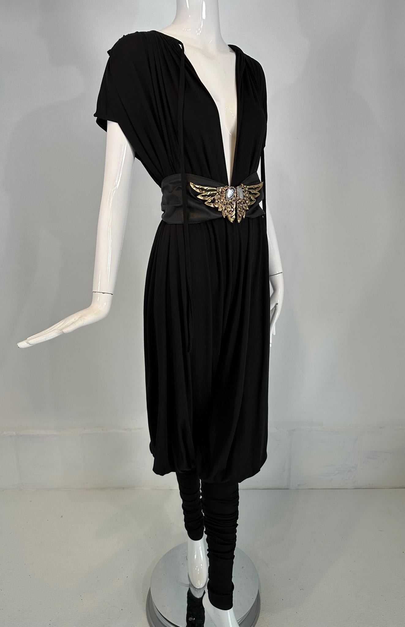 Norma Kamali 1980s Balloon/Leggins Plunge Neck Black Jersey Jumpsuit OSFM For Sale 6