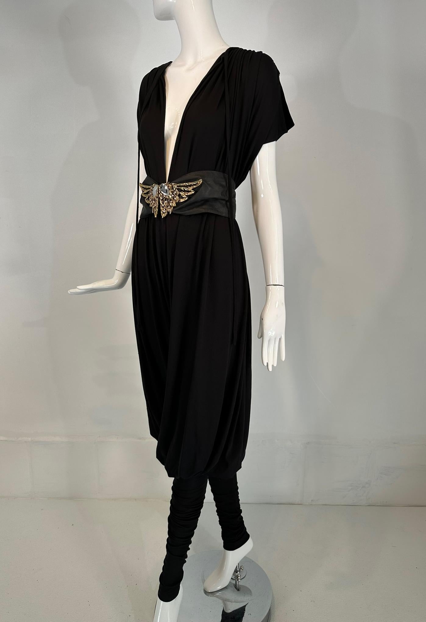 Norma Kamali 1980s balloon/leggins, plunge neck black jersey jumpsuit OSFM. Step in pull on jumpsuit has long tight pull on leggins which are attached to the wide draped upper leg and body of the jumpsuit. The shoulder tops are gathered at each