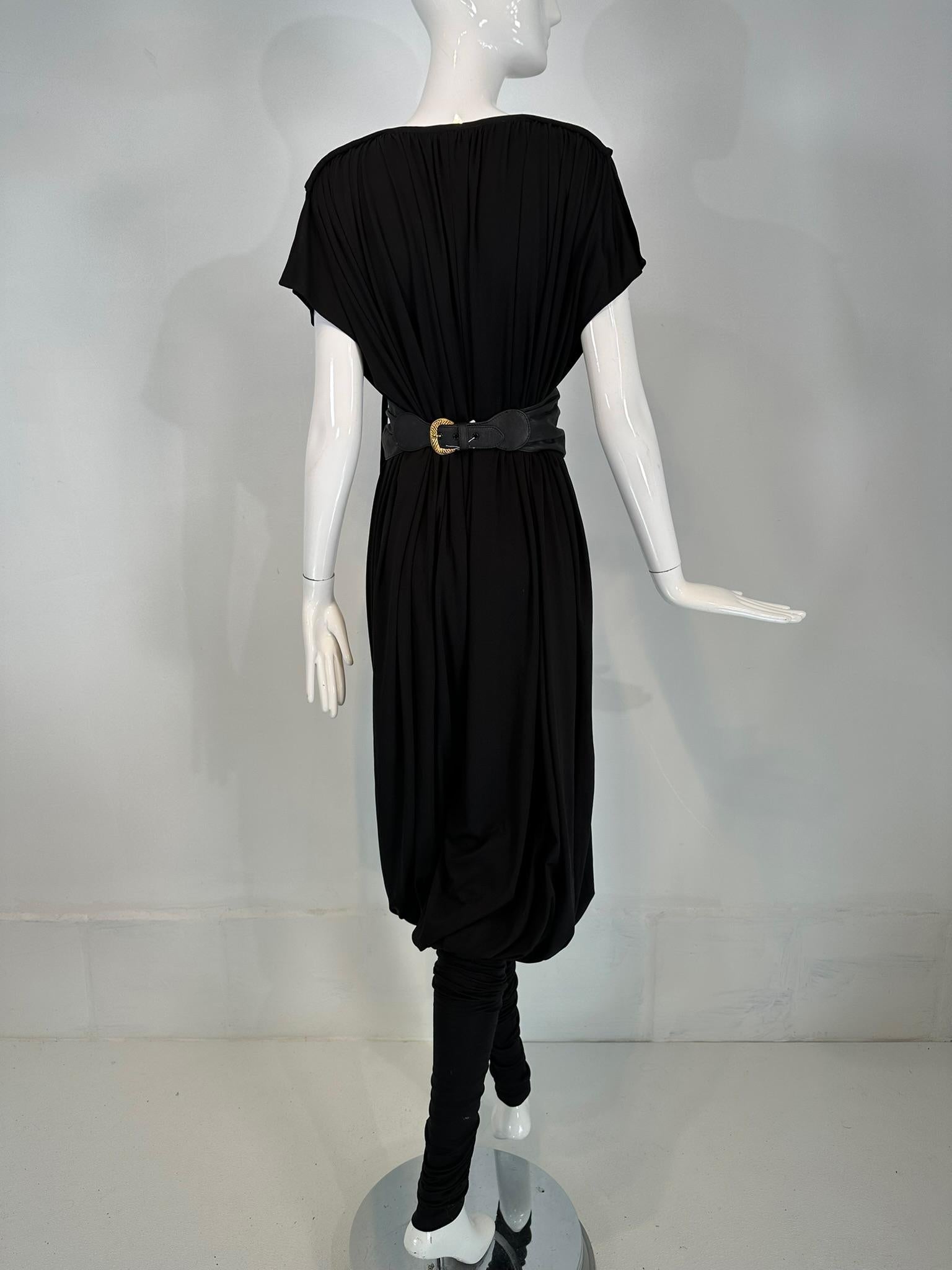 Norma Kamali 1980s Balloon/Leggins Plunge Neck Black Jersey Jumpsuit OSFM For Sale 2