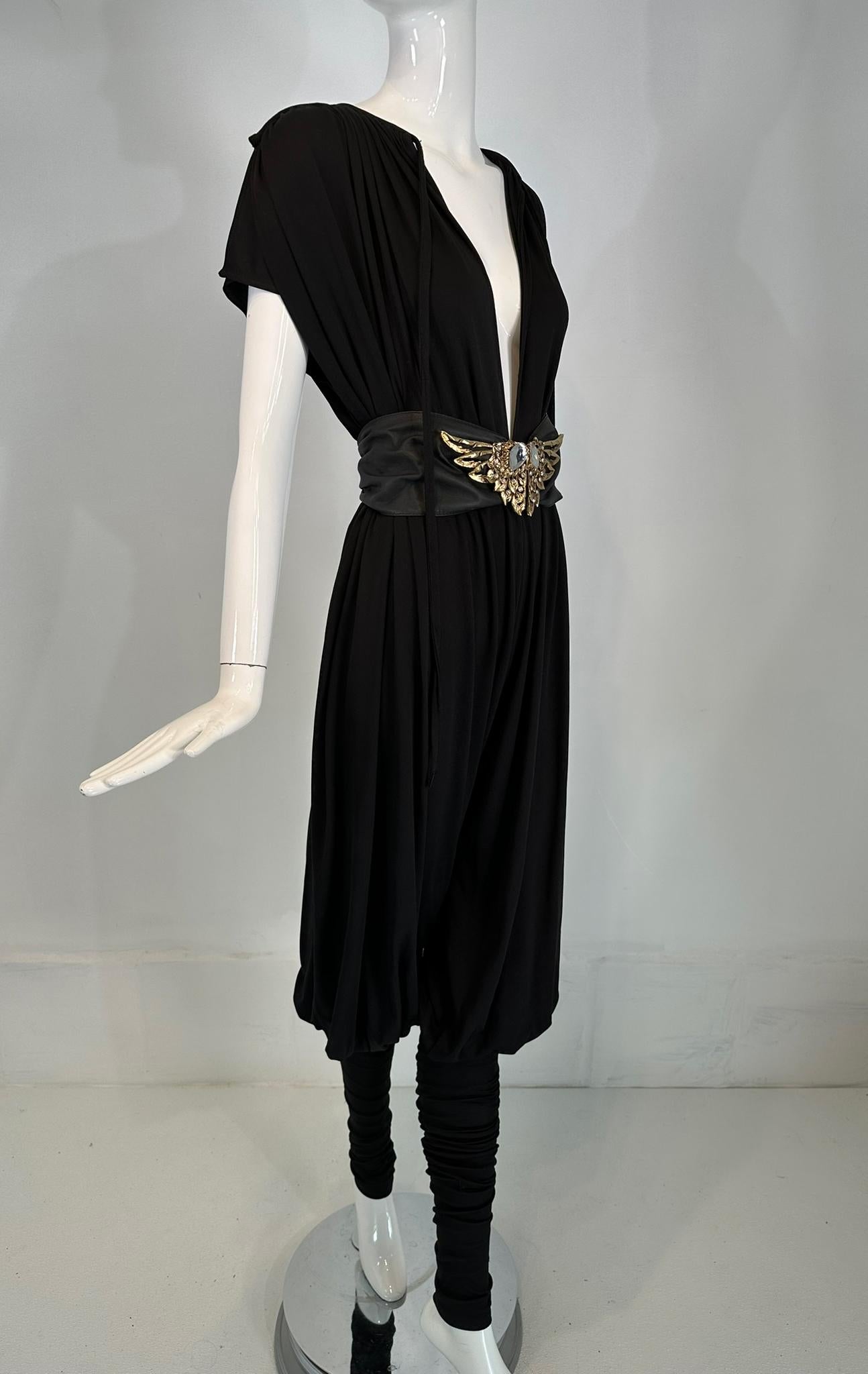 Norma Kamali 1980s Balloon/Leggins Plunge Neck Black Jersey Jumpsuit OSFM For Sale 5