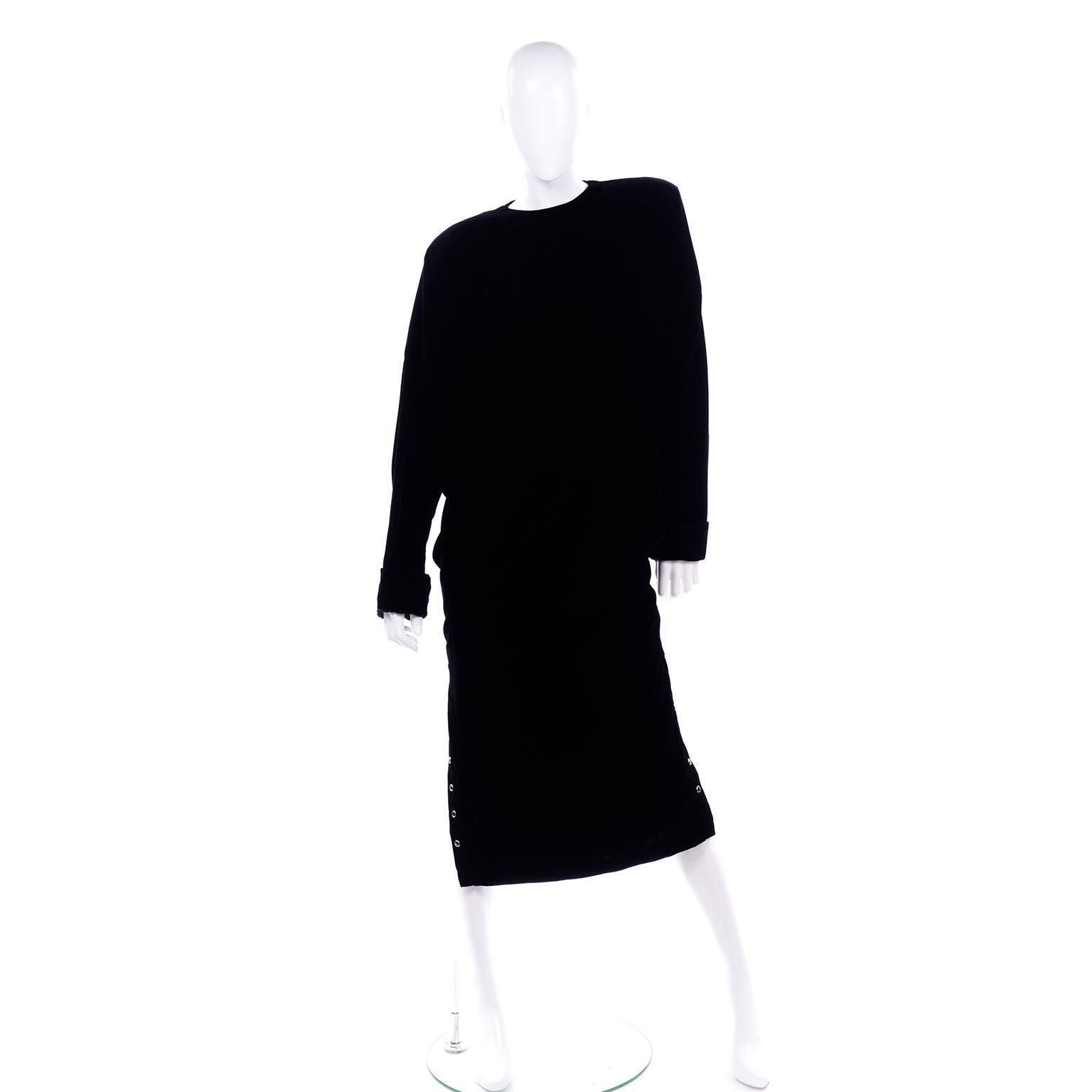 Our obsession with Norma Kamali continues with this fabulous vintage  1980's  oversized black velvet cozy style evening dress! Norma Kamali was designing athleisure styles before there was a name for them! This outfit has that modified sweatshirt