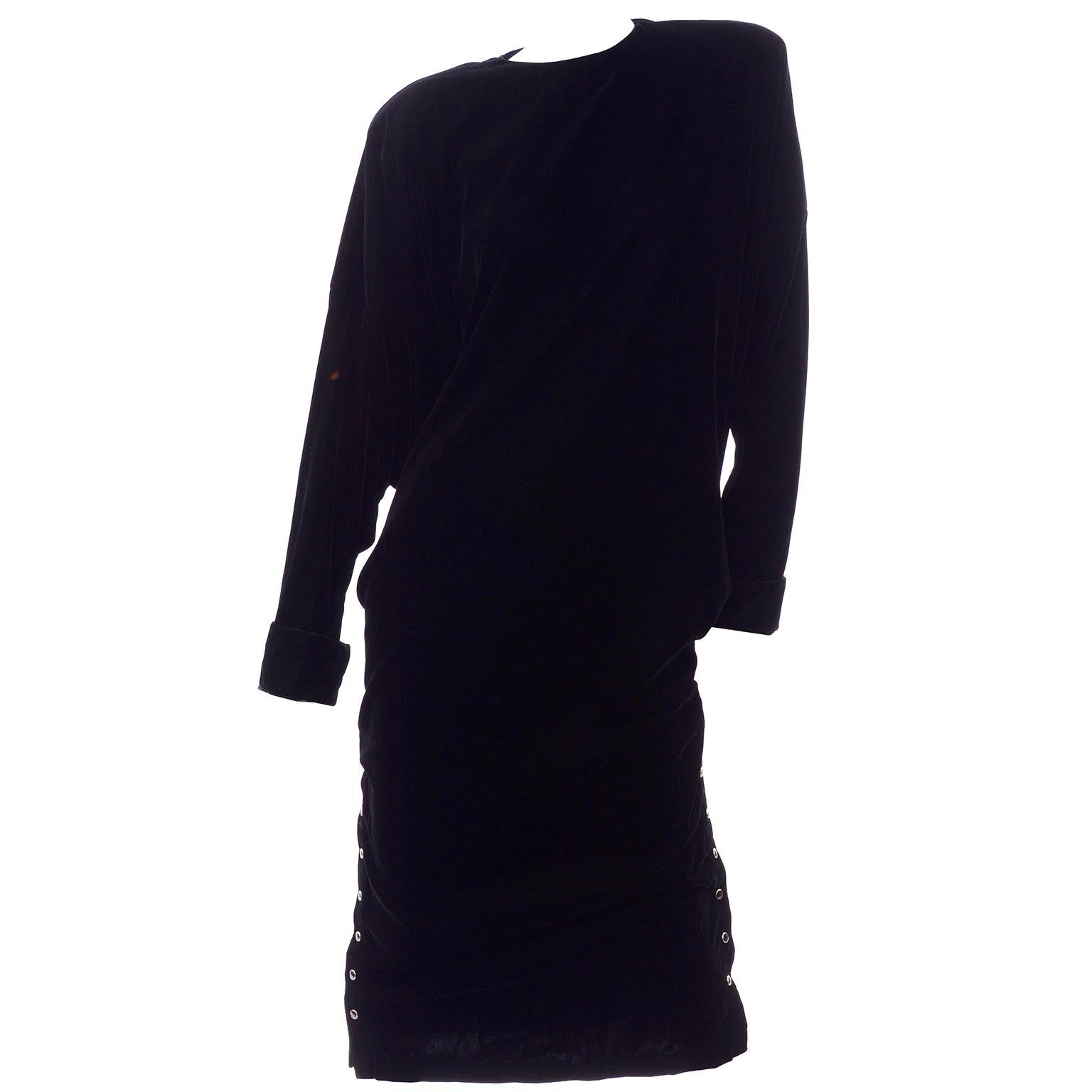 Norma Kamali 1980s Black Velvet Vintage Oversized  Dress With Snaps on Side
