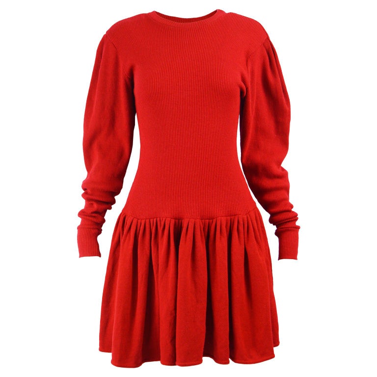 Norma Kamali 1980s Vintage Red Ribbed Knit Drop Waist Long Sleeve Dress ...