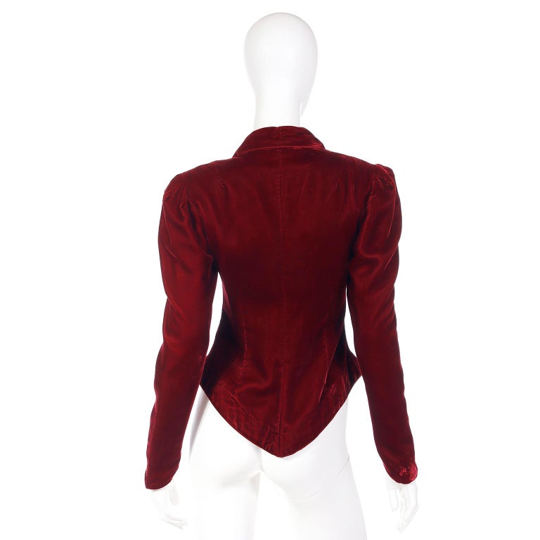 Norma Kamali 1980s Vintage Red Velvet Victorian Inspired Cropped Jacket