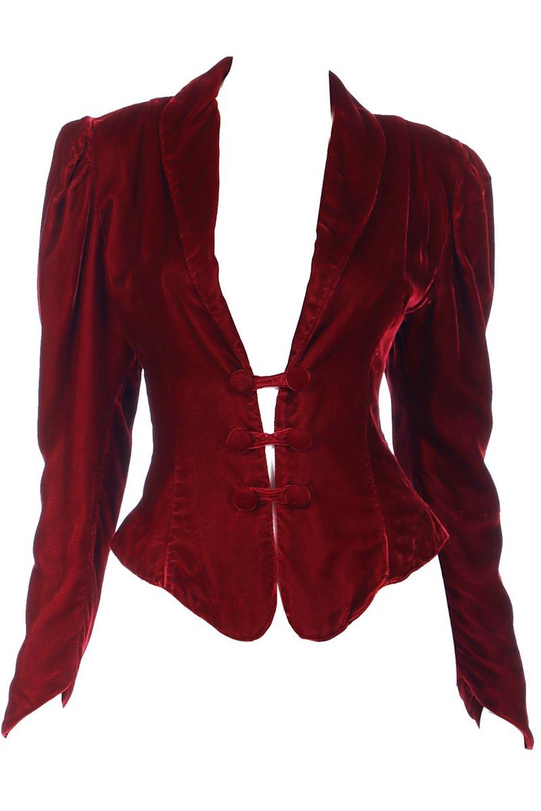 Norma Kamali 1980s Vintage Red Velvet Victorian Inspired Cropped Jacket