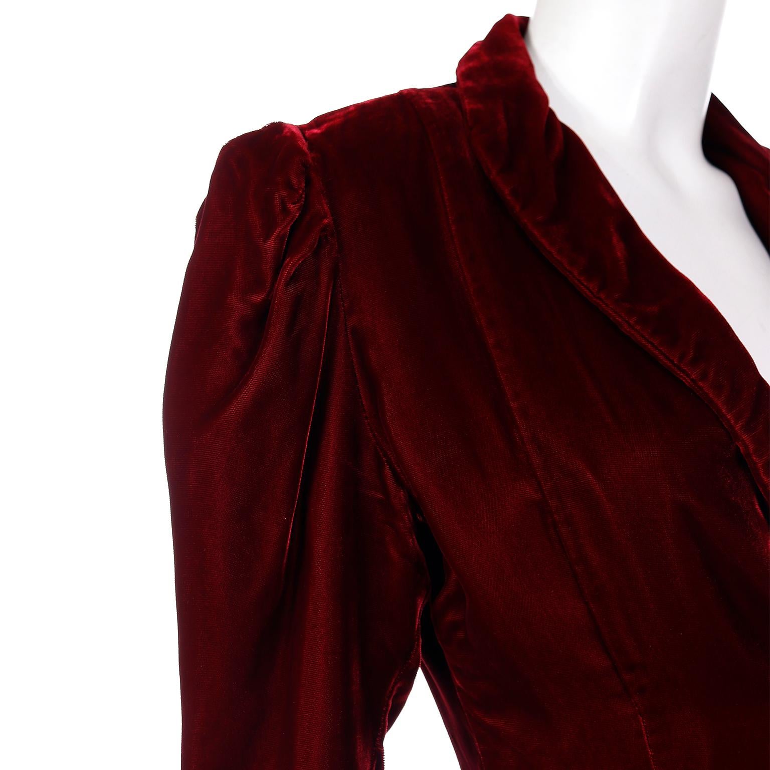 Women's Norma Kamali 1980s Vintage Red Velvet Victorian Inspired Cropped Jacket Top