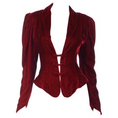 Norma Kamali 1980s Vintage Red Velvet Victorian Inspired Cropped Jacket Top