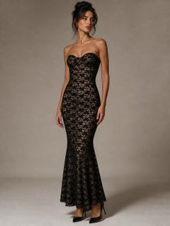 Norma Kamali 1993 Vintage Black Lace Strapless Mermaid Evening Gown M