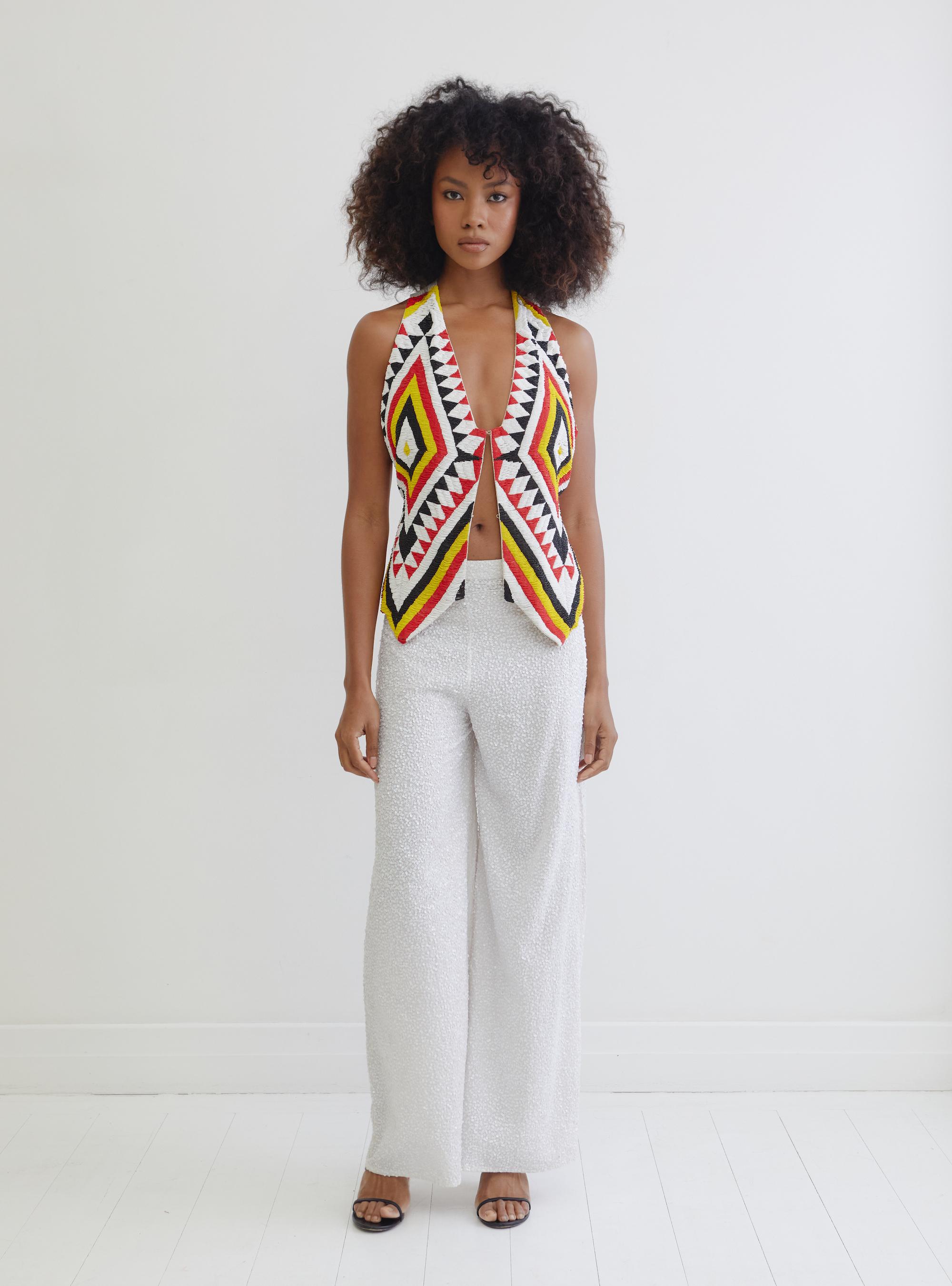 Norma Kamali 70's Navajo beaded silk & leather vest waistcoat In Good Condition In BELLEVUE HILL, NSW